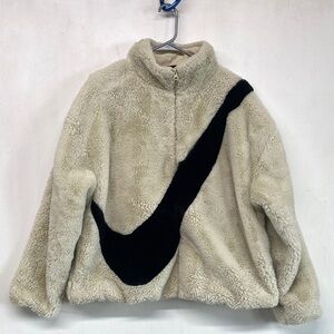 Nike Faux Fur Oversized Swish Jacket White & Black Sz Large